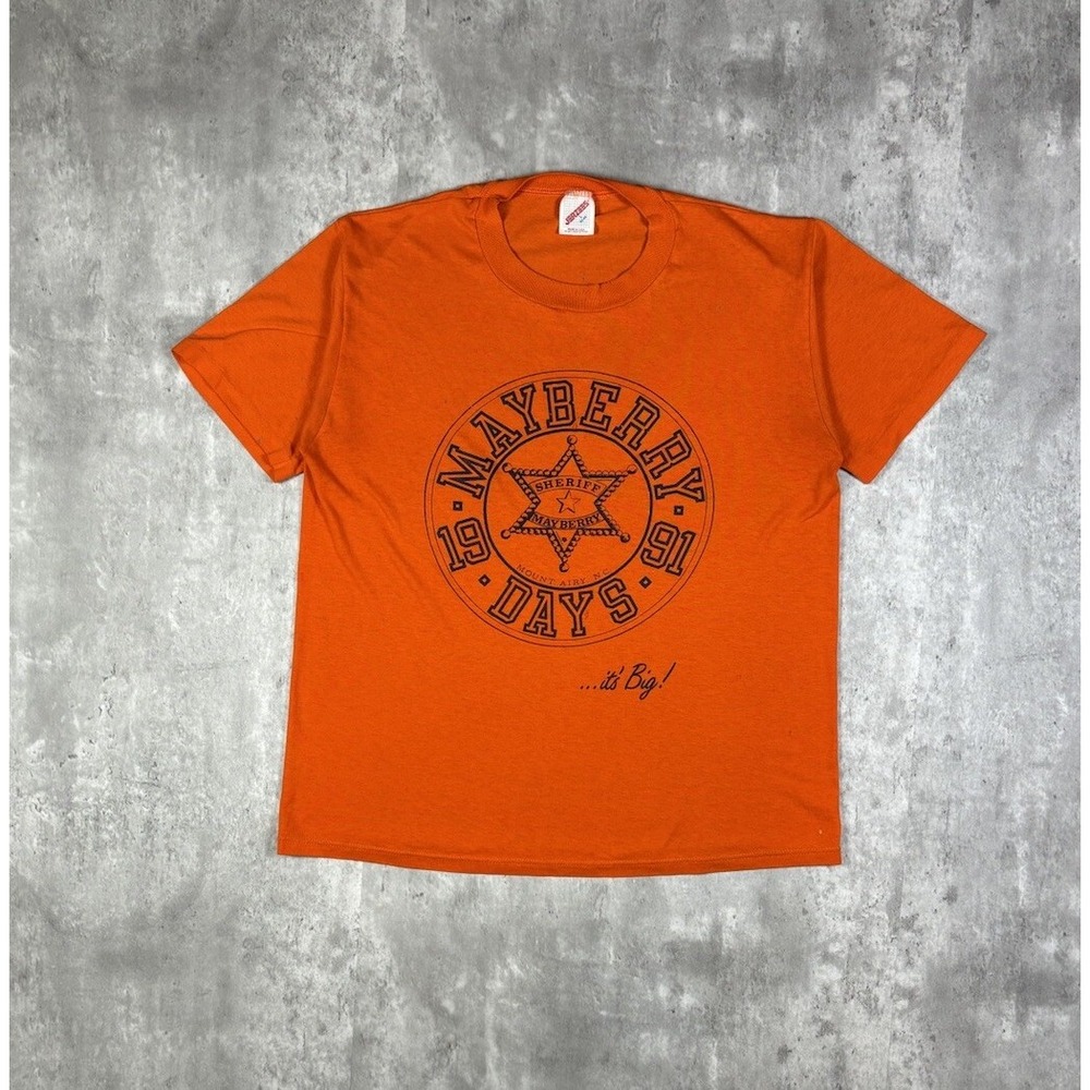 Vintage 90s Jerzees Mayberry Days 1991 Sheriff Graphic T-Shirt Mens L Orange